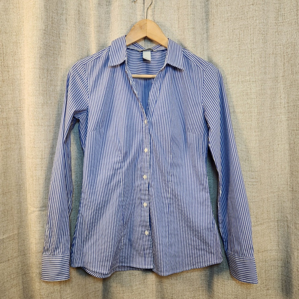 H&M Fitted Button Up Blouse Women's 6 Blue/White Stripes Long‎ Sleeve Darting